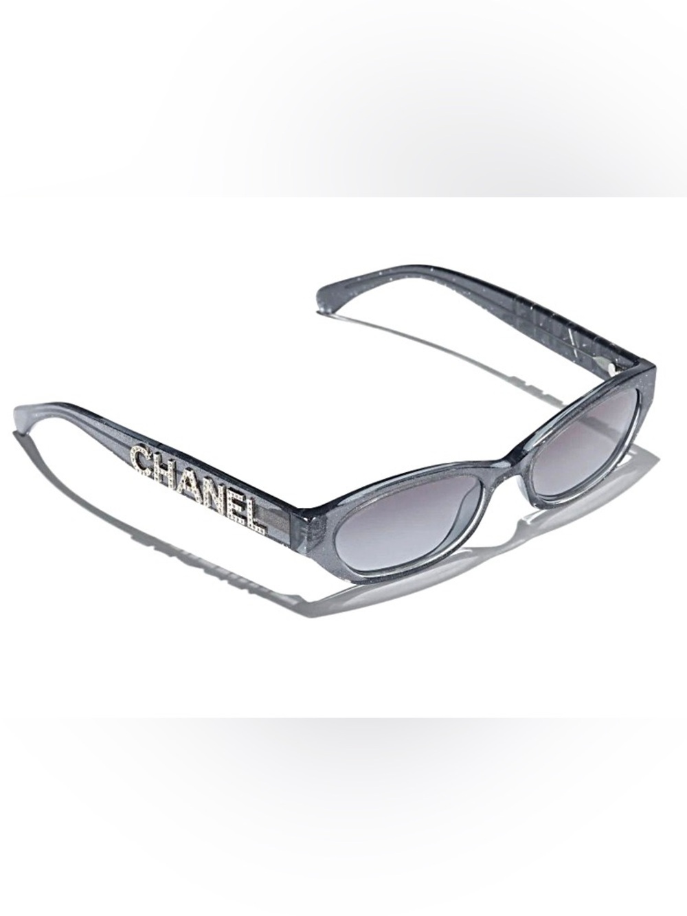Auth CHANEL CH71280 Crystal Logo Gray Glitter Rectangle Sunglasses Rare